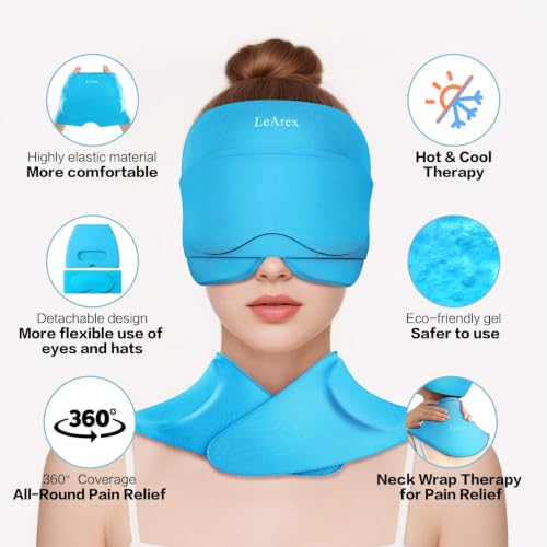 Image of 3 in 1 Migraine Relief Cap Neck Ice Pack Wrap Gel and Ice Eye Masks, Detachable Ice Caps with Eyes Masks, Hot and Cold Therapy for Relief of Headaches, Stiff Neck and Eye Fatigue (ICY Blue)