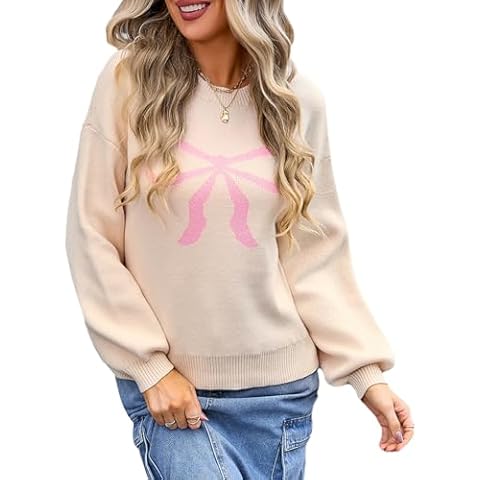 Pivanzore Women's Y2K Flowers Knit Sweater Casual Long Sleeve Crewneck Jumper Cute Bow Graphic Pullover Knitwear Streetwear(Camel,Small) Cover