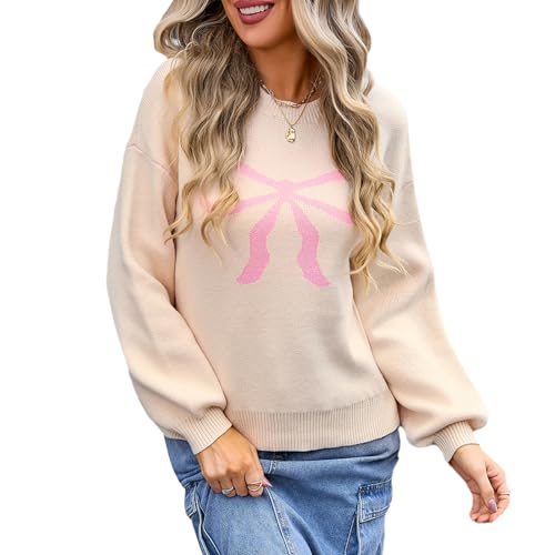 Image of Women Cute Bow Knit Sweater Y2k Long Sleeve Crew Neck Knitted Pullover Top Oversized Going Out Fall Winter Knitwear