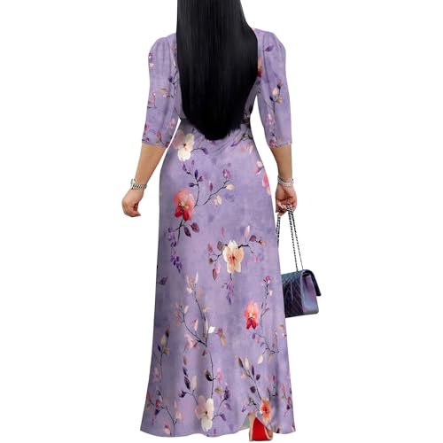 Image of Womens Floral Maxi Dress with Sleeves Elegant Evening Wear 3 /4 Sleeve Long Sundress with Belt