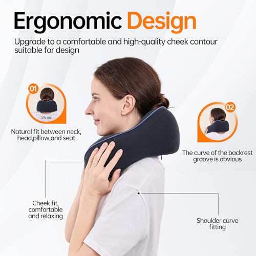MANXUEKAI Travel Neck Pillow 100% Pure Memory Foam Travel Pillow for Sleeping on Airplane,Car,Train,Bus,Office and Home Use,Washable Soft Cotton Cover，Gifts-Navy Blue — view 6
