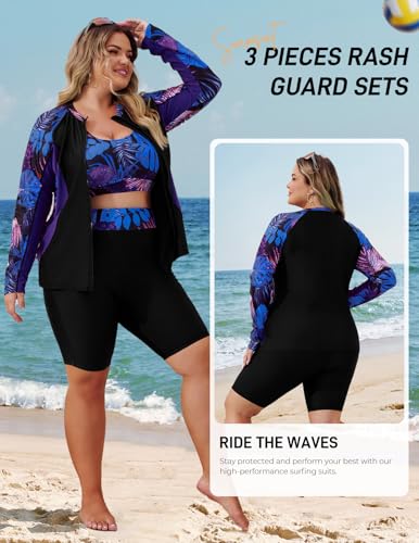 Hanna Nikole Women's 3 Piece Plus Size Rash Guard Long Sleeve Swimsuits with Boyshorts Swim Shirt Built in Bra Blue Purple Leaves 16W