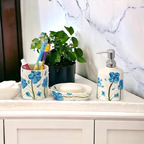 Image of Premium Ceramic Bathroom Accessories Set of 3 | Luxury Bath Set with 300ml Soap Dispenser, Toothbrush Holder & Soap Dish | Hand-Painted Decor Items | White & Blue Floral Pattern