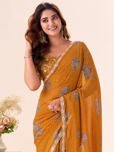 Image of AKHILAM Women's Bandhani Printed Chiffon Saree with Blouse