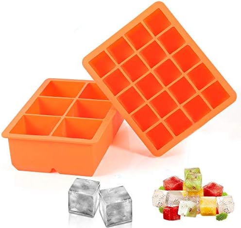 Ice Cube Tray, 2 Pack Silicone Ice Cube Molds 6+20 Large & Small Square Ice Cubes BPA Free Nontoxic Ice Cube,Flexible and Easy Release Orange (Square)