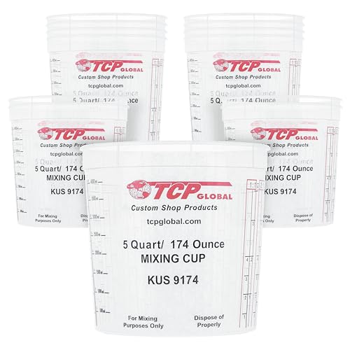 Custom Shop Paint Mixing Cups, 5-Quart (12 Pack) - Plastic Measuring Cups for Liquids, Automotive Painting, Epoxy Resin, Acrylic Arts, Crafts, Disposable or Reusable, Graduated, Mixing Ratios