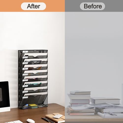 Senhoglb 10 Fächer Zeitungshalter Wand Metall A4 Zeitschriftenhalter Wand Dokumentenablage Hängeregister Zeitschriftenständer Flyerhalter Prospektspender mit 9 Fächern und 1 Tablett, Schwarz