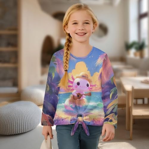 Xoenoiee Girls Casual T-Shirt Crew Neck Tunic Tops Axolotl Print Long Sleeve Loose Fit Soft Blouse Tie-Hem Tees Size 5-124