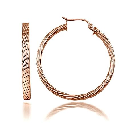 Sterling Silver, Yellow Gold Flash or Rose Gold Flash Twist 30mm or 35mm Medium Hoop Earrings, 3mm Thick Cover