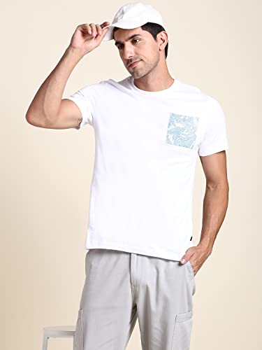 Image of Dennis Lingo Men's Poly Cotton Regular Fit Solid with Printed Patch Pocket Half Sleeve Round Neck T-Shirt