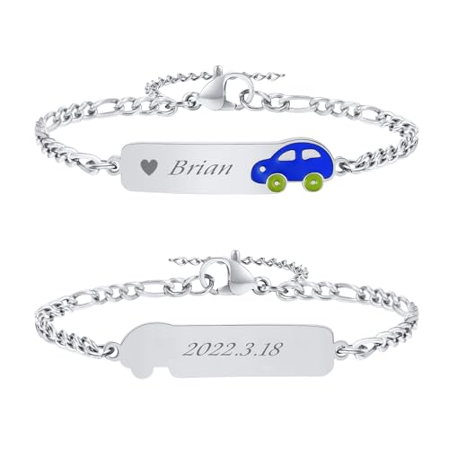 VNOX Bracelet Enfant Securite Gourmette Personnalisable: Bracelet Identification Enfant Gravure de Prenom Personnalisés Bracelet Bébé Cadeau Bapteme Fille Garcon(S-Voiture)