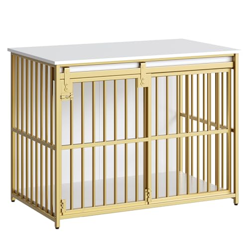 HOOBRO Dog Crate Furniture, 36.6" Heavy Duty Dog Kennel with Sliding Barn Door, Wooden Dog Cage Indoor, Decorative Side End Table for Small/Medium Dogs, White and Gold GD162GW03G1 by HOOBRO - Image 9
