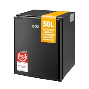 TZS First Austria – Mini Bar y Mini Frigorífico de 30L – Nevera Silenciosa con Puerta Reversible e Iluminación Interior – Ideal para Camping, Oficina, Dormitorio y Hotel – Negro Mate