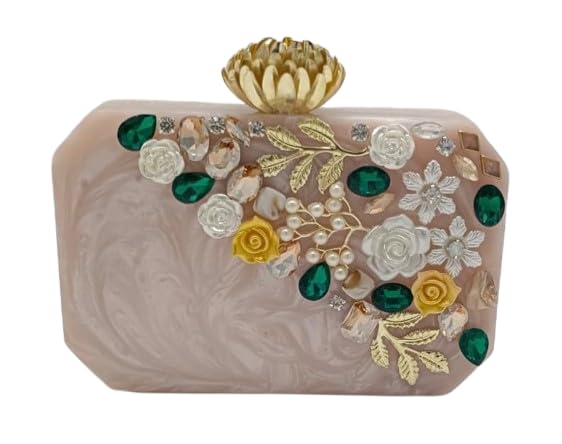 Evening Clutch Purse with Floral Embellishments, Pearl Accents, Green Crystal Details, Pink Acrylic Body-image-5