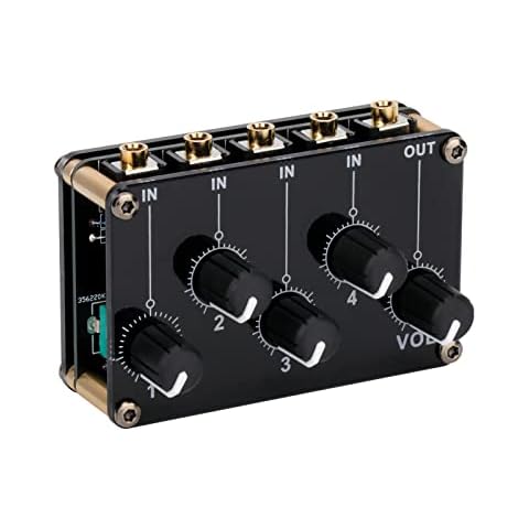 4-in-1-out Passive Mixer Module Mini Stereo 4-Channel Passive Mixer Audio Mixer 4 Audio Input to 1 Output Ultra Compact Low Noise for Recording Studio Console Stage Small Club or Bar Cover