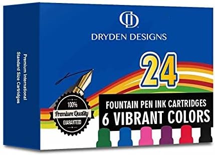 Dryden Designs Fountain Pen Ink Cartridges - Assorted Colors: Black, Blue, Green, Purple, Red, Pink - Short International Standard Size - Disposable and Generic Ink Refill Cartridges