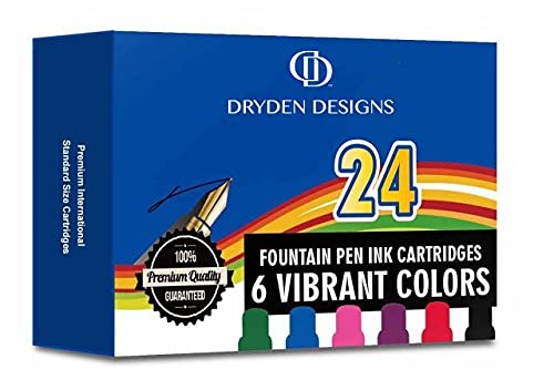 Dryden Designs Fountain Pen Ink Cartridges - Assorted Colors: Black, Blue, Green, Purple, Red, Pink - Short International Standard Size - Disposable And Generic Ink Refill Cartridges #TOP3