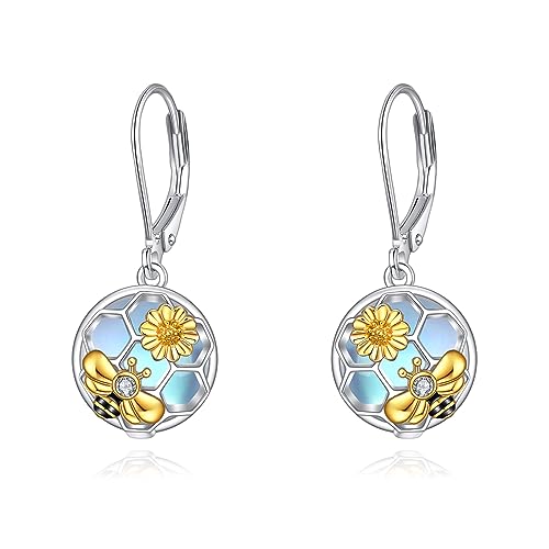 Image of LUHE Bee Earrings for Women 925 Sterling Silver Bumble Earrings with Honeycomb Honeybee Jewelry Dangle Gifts for Women