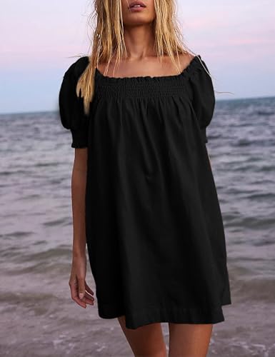 Image of Huaqiao Womens Summer Mini Dress 2026 A-Line Square Neck Puff Sleeve Beach Sundress Casual Short Dress with Pockets
