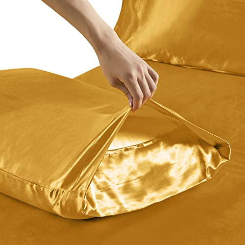 Image of Ersmak 7 Pieces Satin Sheets Set King Size, Luxury Silky Gold Satin Bed Sheets Set with 1 Deep Pocket Fitted Sheet, 1 Soft Flat Sheet, 4 King Pillowcases and 1 Body Pillowcase
