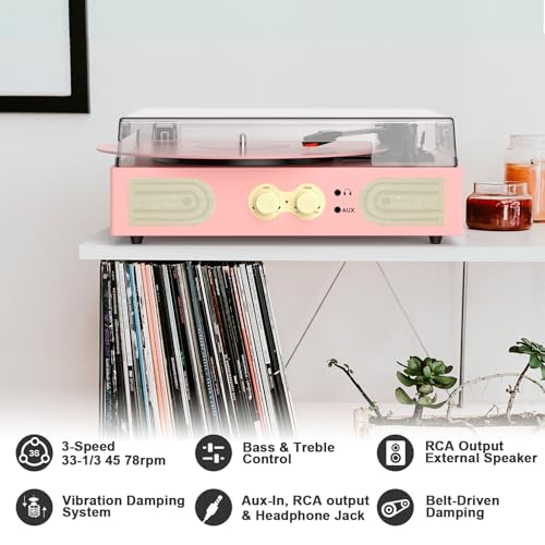 Image of Vinyl Record Player with Built-in Speakers, Vintage 3-Speed Turntable, Bass /Treble Control, Headphone Jack, RCA /AUX Outputs, Belt-Driven LP Player, Pink