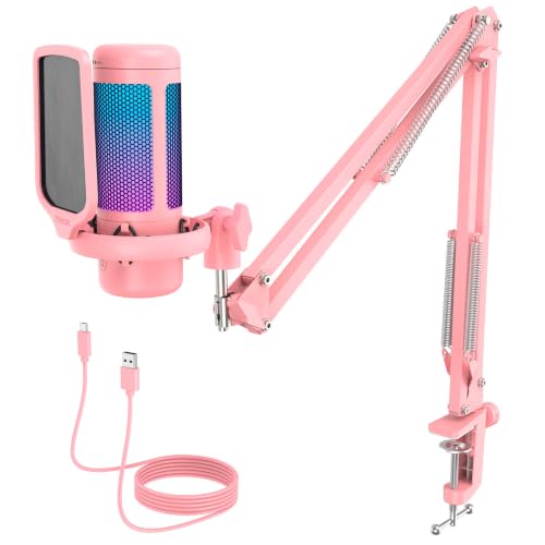Image of TONOR Gaming Microphone Set, Vocal Condenser Mic fop PC Gamers with RGB | Boom Arm Set, USB Mic with Controllable Light, One Tap Mute, Volume Control, for Discord, Twitch Streaming, Pink, TC310+