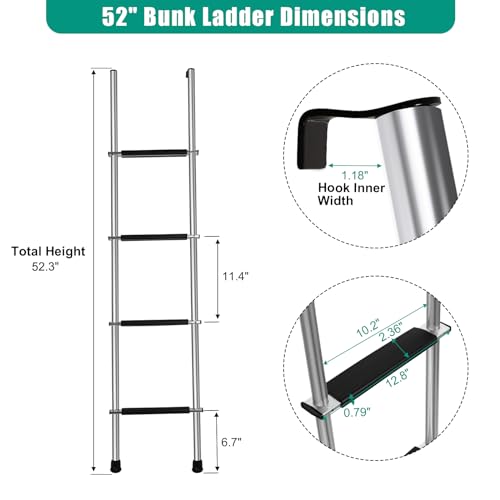Image of 52 inch RV Bunk Ladder, 4 Step Integrated Aluminum Camper Bunk Bed Ladder with Anti-Slip Rubber Foot Pads, Sliver