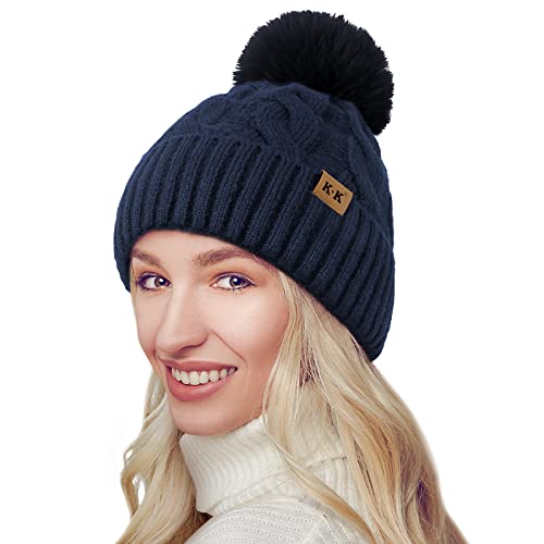 BLURBE Wintermützen für Damen – Warme Strickmütze mit Bommel, Fleecefutter, Thermo-Beanie-Mützen, weiche Ski-Manschettenmütze für Damen mit Bommel