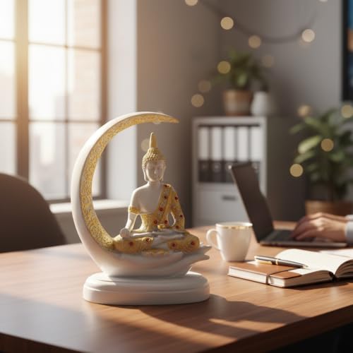Image of ZAICUS White Buddha Idol for Home Decor | Meditating Buddha Statue on Crescent Moon | Showpiece for Living Room, Office, Temple | Spiritual Gift