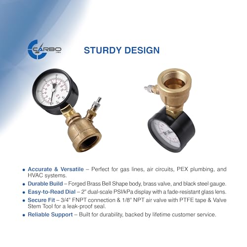CARBO Instruments Gas Test Pressure Gauge 15 Pound, 15 PSI / 100 kPa, 3/4” FNPT Connection, Brass Valve, Forged Brass Bell Shape Body Assembly.