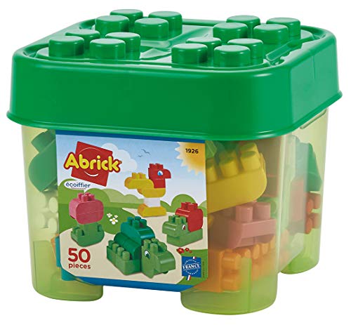 Ecoiffier – Abrick Tierwelt – 50 große Tier-Bausteine im Eimer, Bauklötze-Spiel, Huhn, Schildkröte, Schnecke, Blume, für Kinder und Kleinkinder ab 18 Monaten