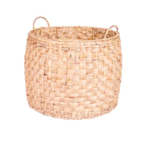 Laundry Basket with Handles Hand Woven Sustainably Sourced Water Hyacinth Round Linen Bin Hallway Bedroom Bathroom Wash Basket Storage Accessory (Large)