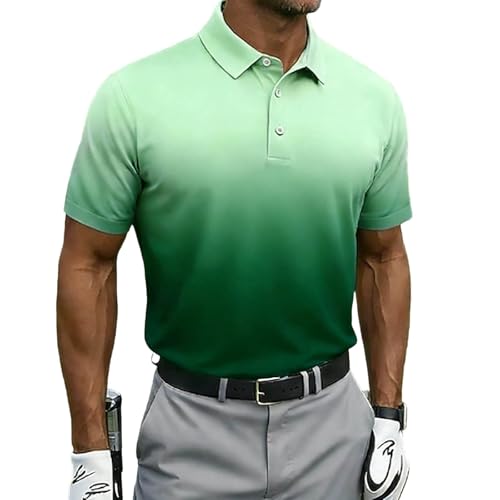 Casual Polo Shirt for Men Short Sleeve Ombre Color Gym Workout Golf T-Shirt Fashion Collared Neck Button Tops 2026 Green