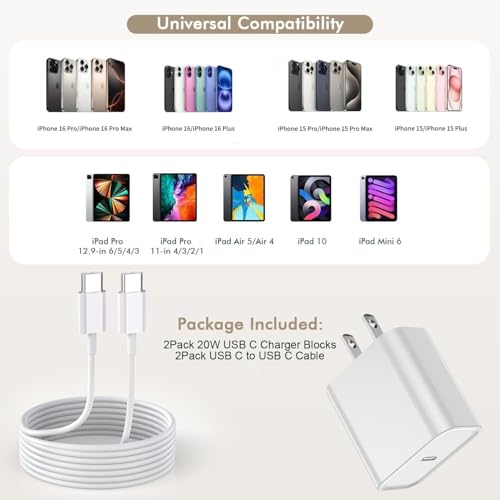 Image of 10Foot Fast iPhone Charging Cable,2Pack Super Fast iPhone USBC Wall Charger