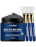 New York Biology Dead Sea Mud Mask for Face and Body Infused with Stem Cell and Collagen with 3 pcs Face Mask Brush Applicators - Spa Quality Pore Reducer for Acne, Blackheads and Oily Skin