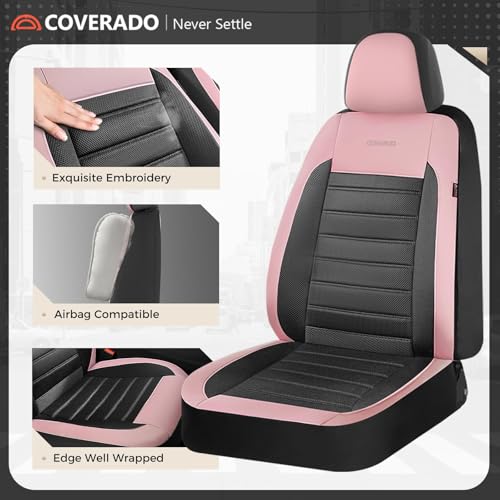 Image of Coverado Car Seat Covers Front Seats, Luxury Leather Car Seat Covers, Automotive Mesh Seat Covers 2 Pack, Airbag-Compatible, Black Pink Seat Covers for SUV Sedan Truck