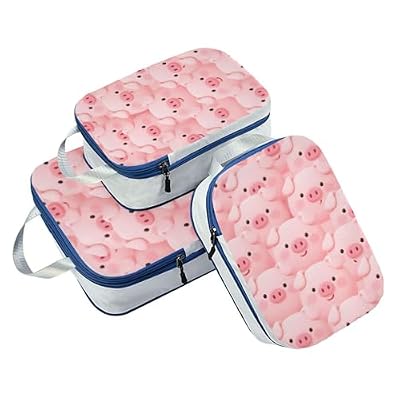 Reusable 3 Set Packing Travel Organizer 100% Polyester Clothing Closet Storage, Cartoon Cute Pig Pink (3 Set)