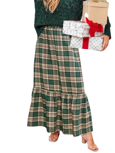 CUPSHE Damen Rock Hohe Taille Karomuster Rüschen Maxi Röcke Elastische Taille Karierter Freizeitrock Plaid Long Skirt Grün M