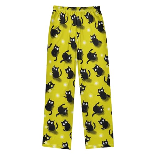 Pajama Pants Lounge Sleep PJ Bottoms Sleepwear Elastic Waist Drawstring S Black Cat2