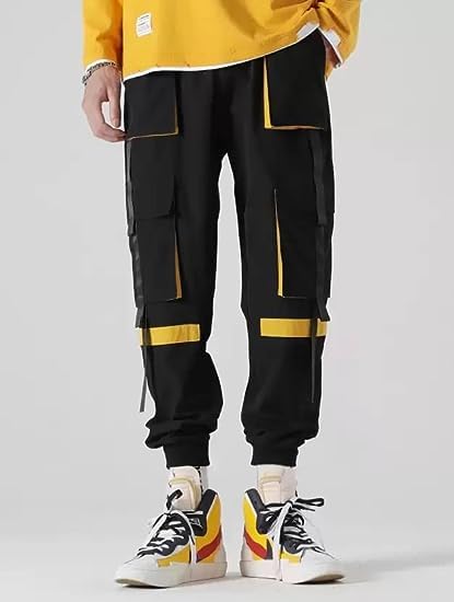 Ameeha Multi-Pocket Cargo Joggers Techwear Hip Hop Pants for Men and Women (L, Black-Yellow) 1