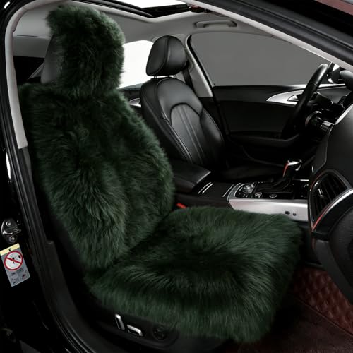 Image of AOGELAN Fluffy Sheepskin Car Seat Cover Long Wool Seat Covers Dark Green