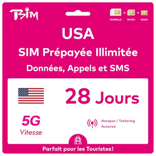 Carte SIM USA T-Mobile data illimitée appels SMS 28 jours