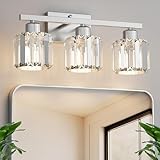 comzler 3-Light Bathroom Light Fixtures Over Mirror, Brushed Nickel Crystal Wall Sconce with E26 Base for Mirror Kitchen Living Room Bathroom, Round Crystal Shades (Bulbs Excluded)