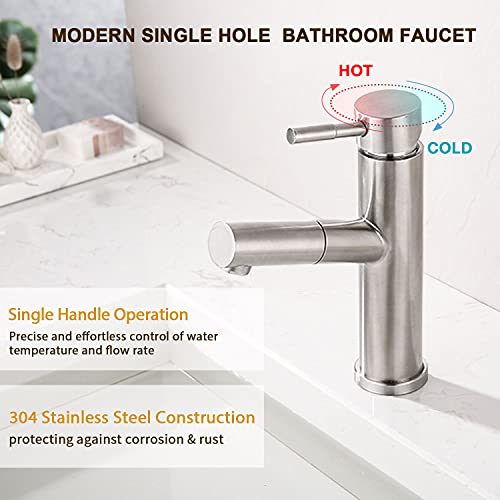 Single Hole Bathroom Faucet With Pull Out Sprayer Brushed Nickel Faucet For Bathroom Sink Lavatory Pull Down Vanity Sink Faucet With Rotating Spout Modern Bathroom Faucet With Water Supply Hoses #TOP1