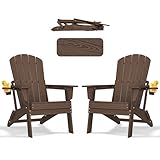 nevilywood Folding Adirondack Chair with Cup Holder Set of 2, HDPE Patio Chairs,All-Weather Outdoor Chairs for Backyard, Deck,Fire Pit-Coffee