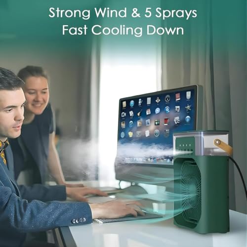 Image of DRUMSTONE (Luxurious 5 Year Warranty) Portable Mini Air Cooler with Mist Function, USB Powered Desk Fan, 600ml Water Tank, 3 Fan Speeds, 7-Color LED Light, Timer Function GREEN