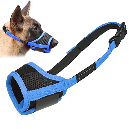 Image of LUCKYPAW Dog Muzzle Anti Biting Barking and Chewing with Comfortable Mesh Soft Fabric and Adjustable Strap, Suitable for Small, Medium and Large Dogs(Blue Trim,L)
