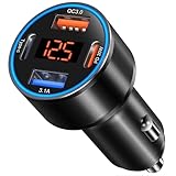 USB C Car Charger, 4-Port 65W Dual 12V USB-A & USB-C Car Phone Charger with Voltmeter PD/QC 3.0 Fast Charging Cigarette Lighter Adapter for iPhone 16e 15 14 13 12 11 Pro Max,Samsung, Android(Black)
