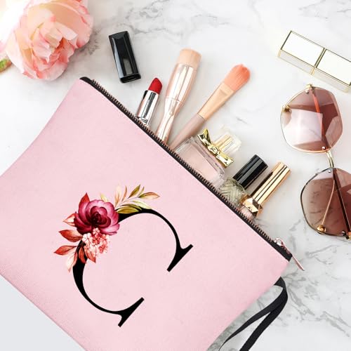 Image of Vavabox A-Z Personalized Makeup Bag, Birthday Gifts for Women Mom, Gifts for Best Friend, Bride Bridesmaid Cosmetic bag (C, Pink)