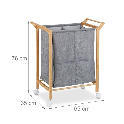Panier à linge double compartiment 80l avec support bambou et roulettes - 5